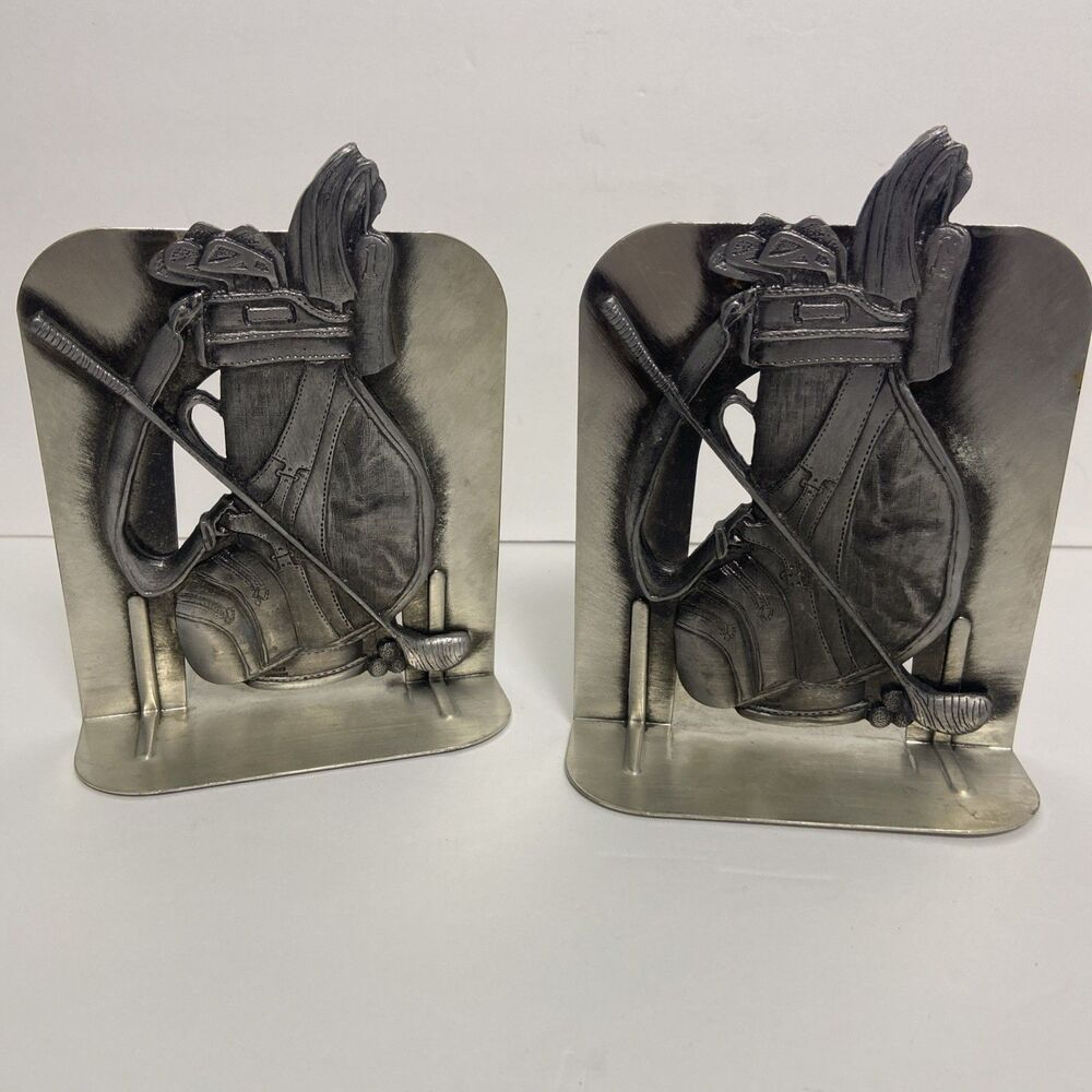 Pewter Golf Bag Book Ends Metzke Silver 80’s Raised Relief Textured Finish